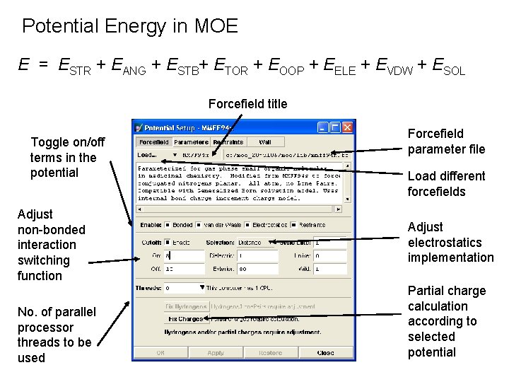 Potential Energy in MOE E = ESTR + EANG + ESTB+ ETOR + EOOP