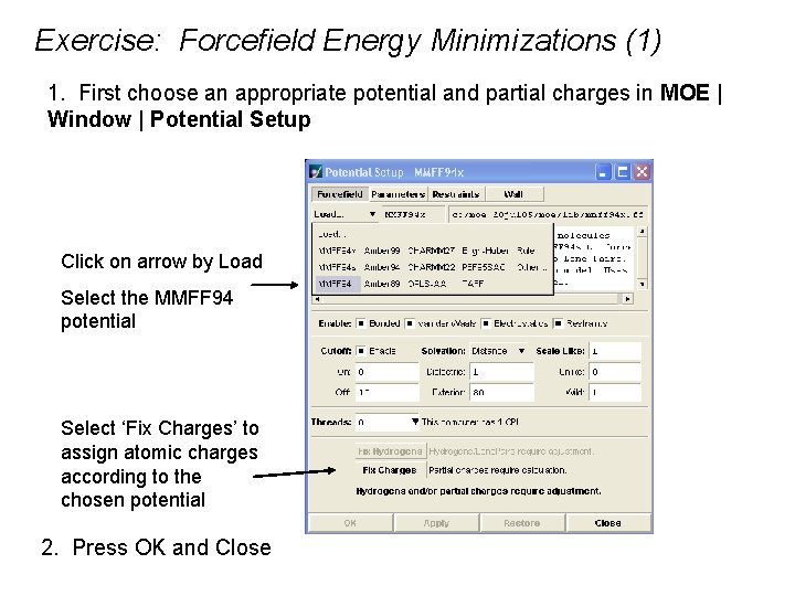 Exercise: Forcefield Energy Minimizations (1) 1. First choose an appropriate potential and partial charges