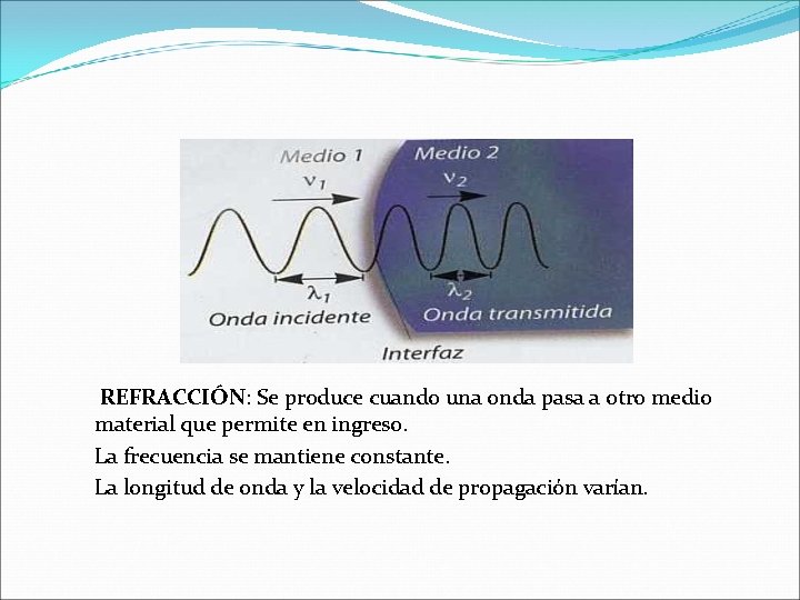 REFRACCIÓN: Se produce cuando una onda pasa a otro medio material que permite en