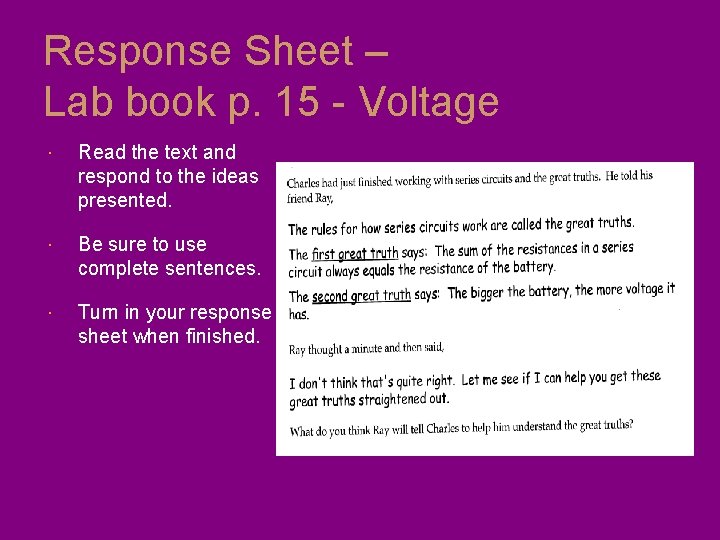 Response Sheet – Lab book p. 15 - Voltage Read the text and respond