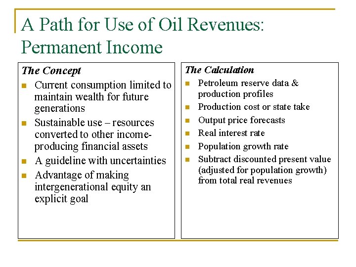 A Path for Use of Oil Revenues: Permanent Income The Concept n Current consumption