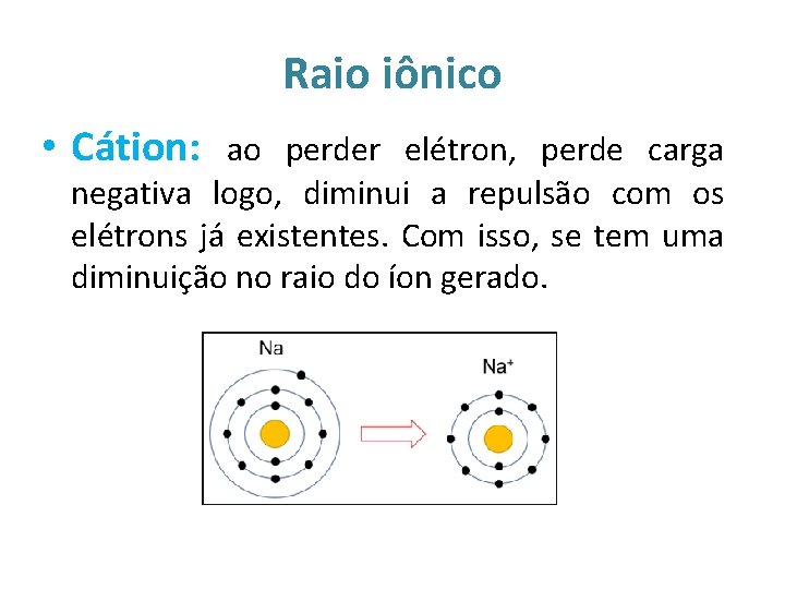 Raio iônico • Cátion: ao perder elétron, perde carga negativa logo, diminui a repulsão