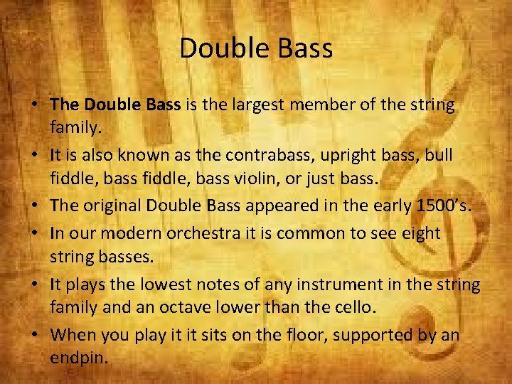 Double Bass • The Double Bass is the largest member of the string family.