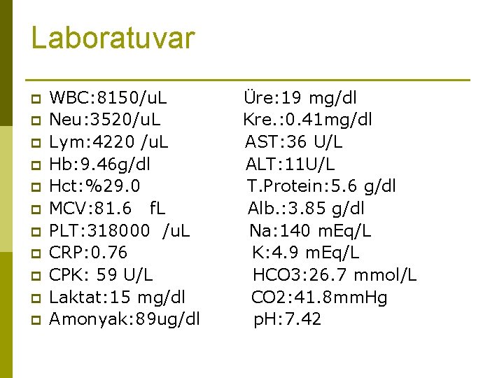 Laboratuvar p p p WBC: 8150/u. L Neu: 3520/u. L Lym: 4220 /u. L