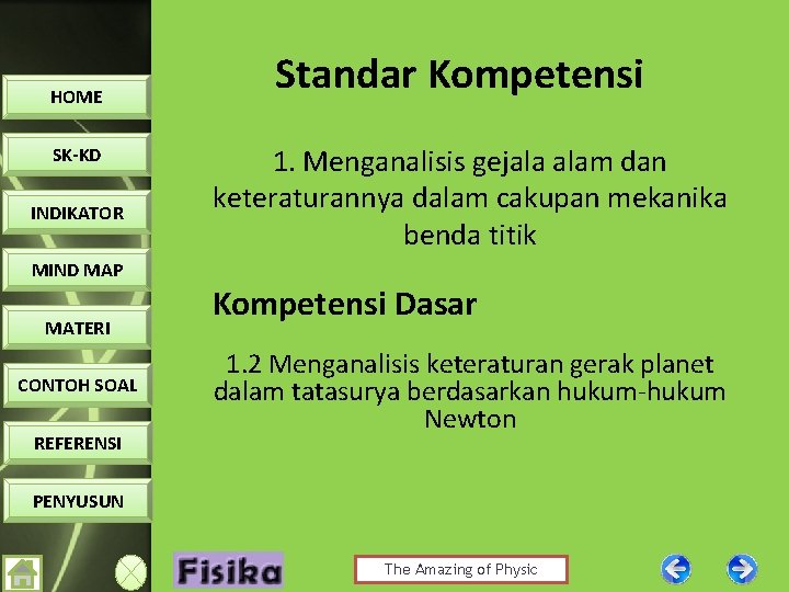 HOME SK-KD INDIKATOR MIND MAP MATERI CONTOH SOAL REFERENSI Standar Kompetensi 1. Menganalisis gejala