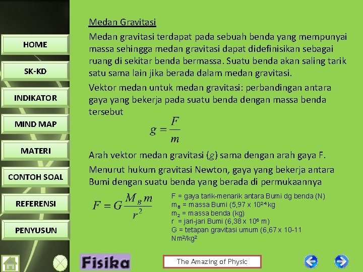 HOME SK-KD INDIKATOR Medan Gravitasi Medan gravitasi terdapat pada sebuah benda yang mempunyai massa