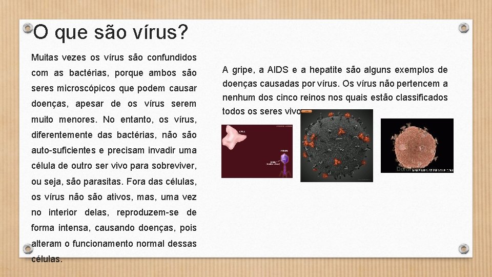 O que são vírus? Muitas vezes os vírus são confundidos com as bactérias, porque