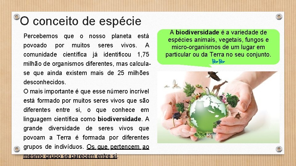 O conceito de espécie Percebemos que o nosso planeta está povoado por muitos seres