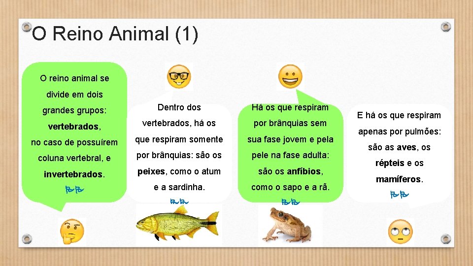 O Reino Animal (1) O reino animal se divide em dois grandes grupos: Dentro