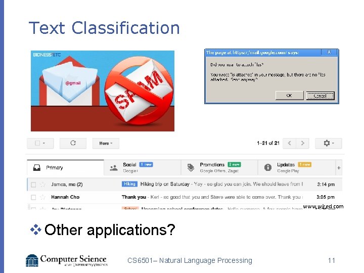 Text Classification www. wired. com v Other applications? CS 6501– Natural Language Processing 11