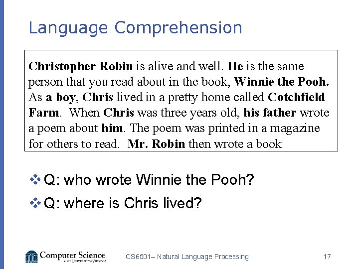 Language Comprehension Christopher Robin is alive and well. He is the same person that
