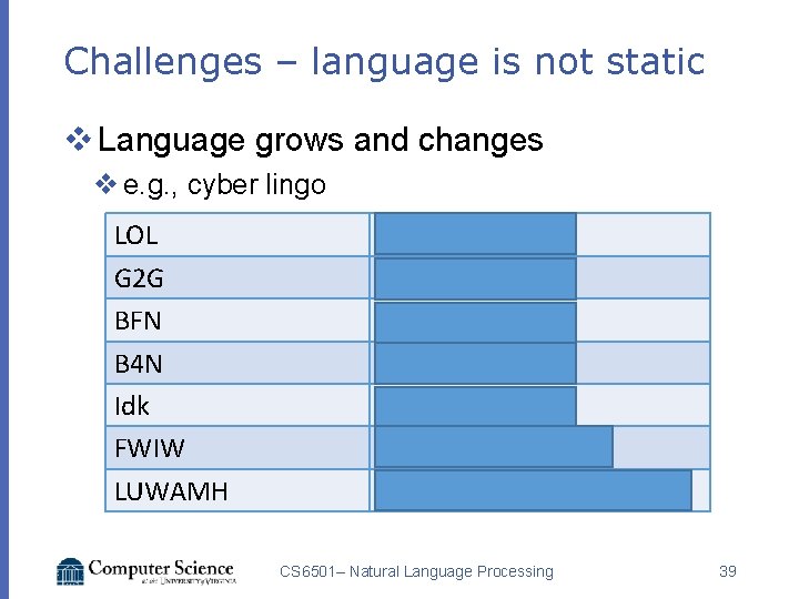 Challenges – language is not static v Language grows and changes v e. g.