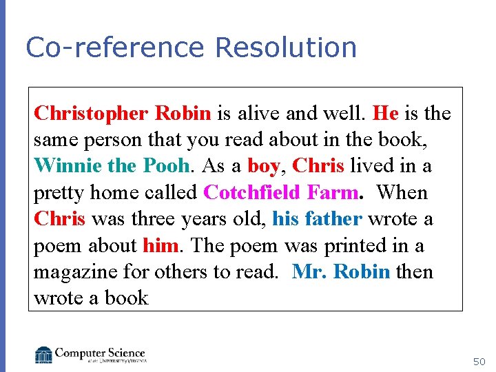 Co-reference Resolution Christopher Robin is alive and well. He is the same person that