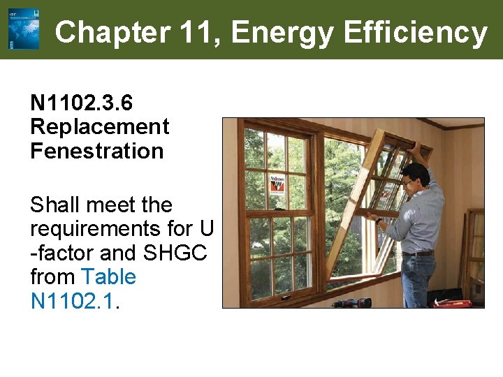 Chapter 11, Energy Efficiency N 1102. 3. 6 Replacement Fenestration Shall meet the requirements