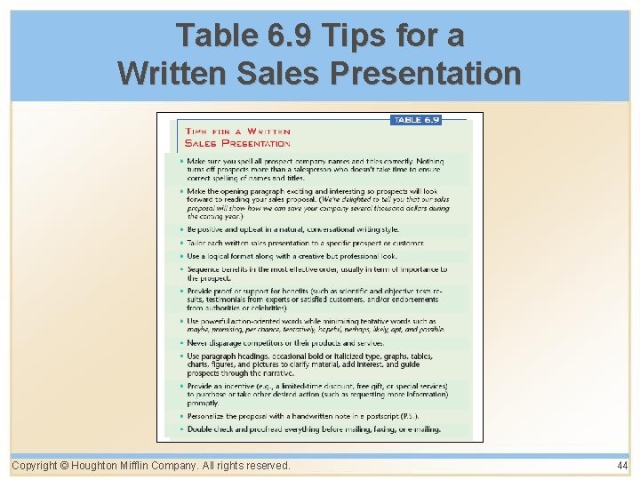 Table 6. 9 Tips for a Written Sales Presentation Copyright © Houghton Mifflin Company. Table 6. 9 Tips for a Written Sales Presentation Copyright © Houghton Mifflin Company.