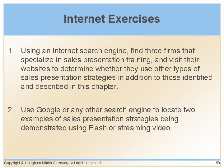 Internet Exercises 1. Using an Internet search engine, find three firms that specialize in Internet Exercises 1. Using an Internet search engine, find three firms that specialize in