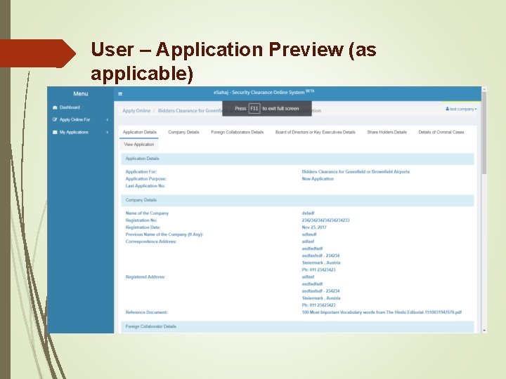 User – Application Preview (as applicable) User – Application Preview (as applicable)