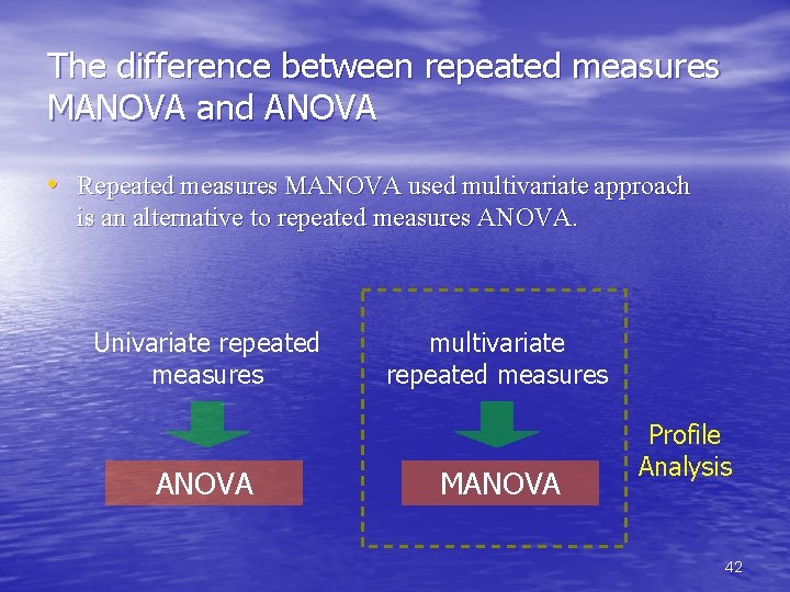 The difference between repeated measures MANOVA and ANOVA • Repeated measures MANOVA used multivariate