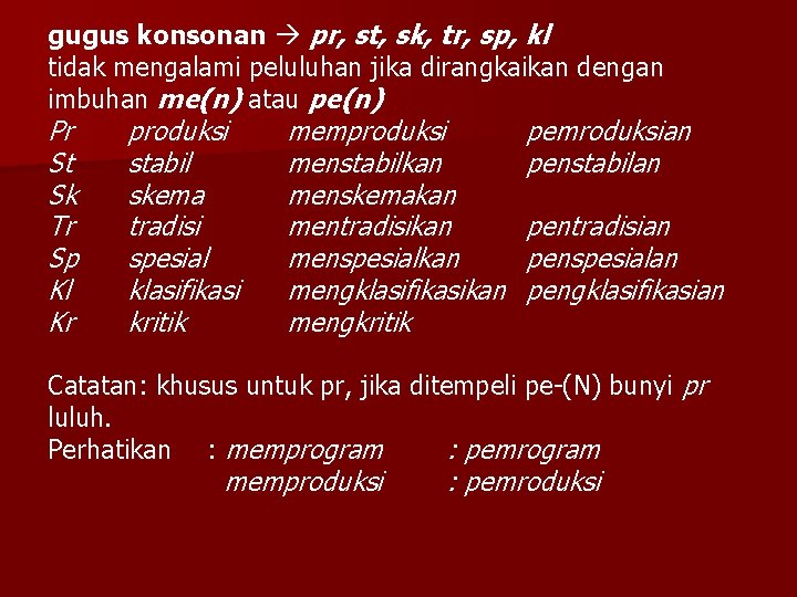 gugus konsonan pr, st, sk, tr, sp, kl tidak mengalami peluluhan jika dirangkaikan dengan