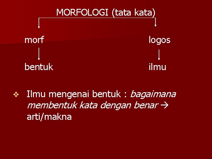 MORFOLOGI (tata kata) v morf logos bentuk ilmu Ilmu mengenai bentuk : bagaimana membentuk
