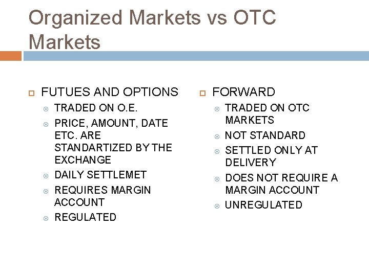 Organized Markets vs OTC Markets FUTUES AND OPTIONS TRADED ON O. E. PRICE, AMOUNT,