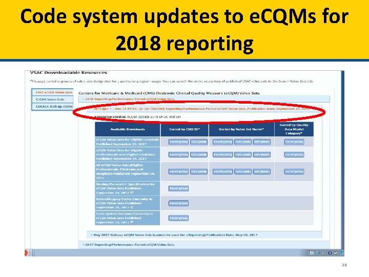 Code system updates to e. CQMs for 2018 reporting 21 
