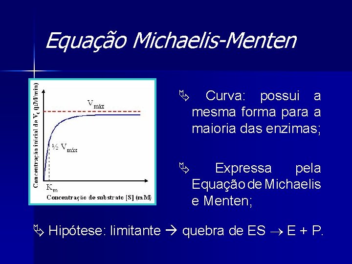 Equação Michaelis-Menten Ä Curva: possui a mesma forma para a maioria das enzimas; Ä