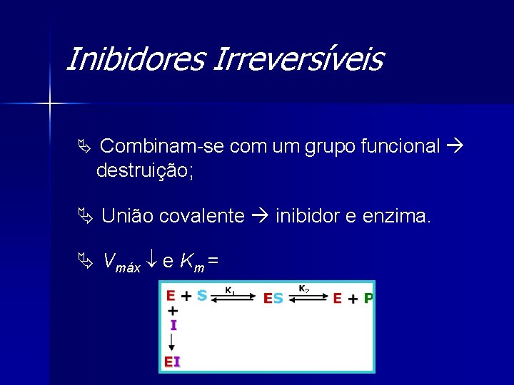 Inibidores Irreversíveis Ä Combinam-se com um grupo funcional destruição; Ä União covalente inibidor e