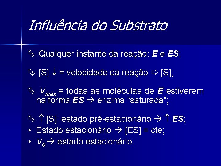 Influência do Substrato Ä Qualquer instante da reação: E e ES; Ä [S] =