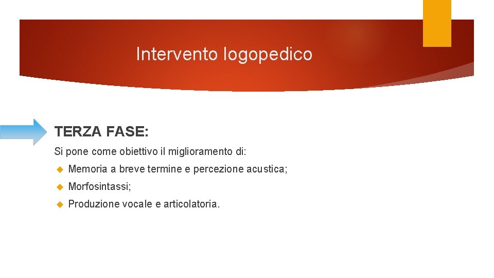 Intervento logopedico TERZA FASE: Si pone come obiettivo il miglioramento di: Memoria a breve