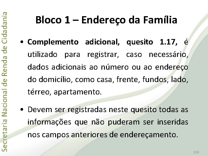 Secretaria Nacional de Renda de Cidadania Bloco 1 – Endereço da Família • Complemento
