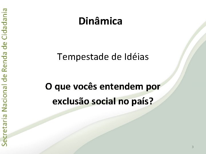 Secretaria Nacional de Renda de Cidadania Dinâmica Tempestade de Idéias O que vocês entendem