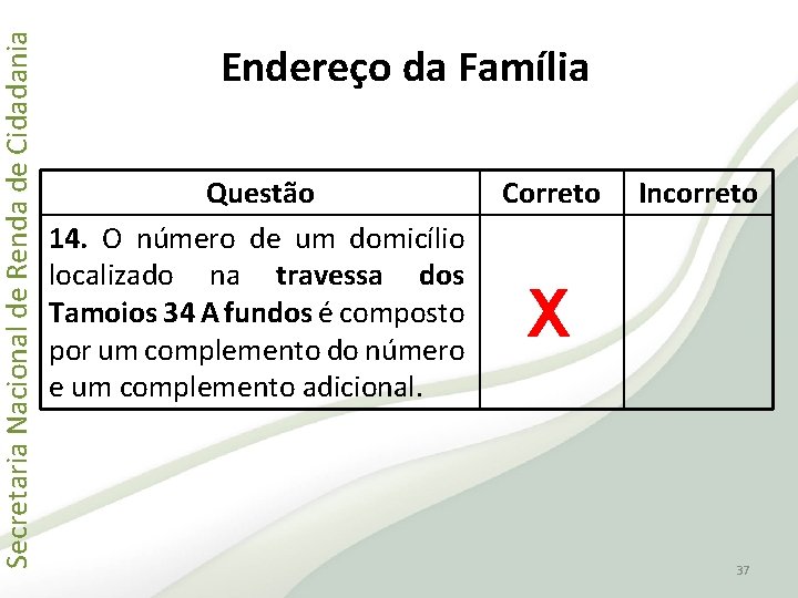 Secretaria Nacional de Renda de Cidadania Endereço da Família Questão 14. O número de