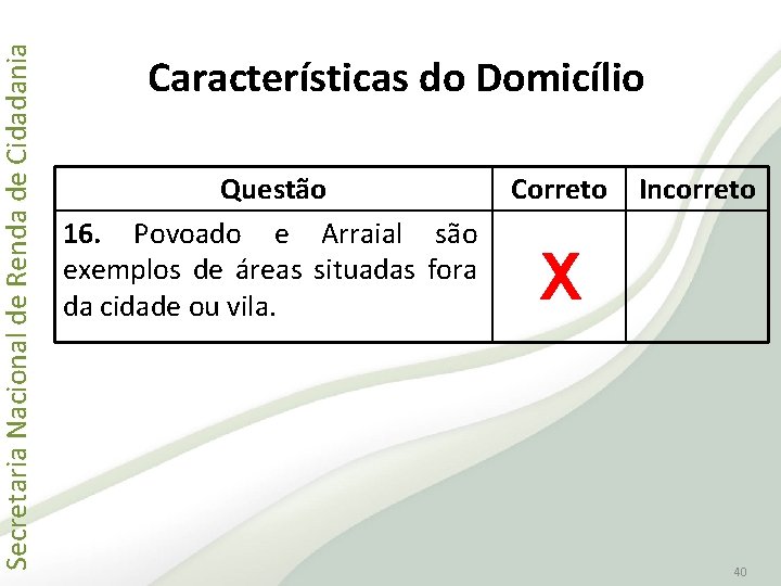 Secretaria Nacional de Renda de Cidadania Características do Domicílio Questão 16. Povoado e Arraial