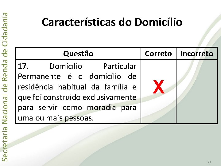 Secretaria Nacional de Renda de Cidadania Características do Domicílio Questão Correto Incorreto 17. Domicílio