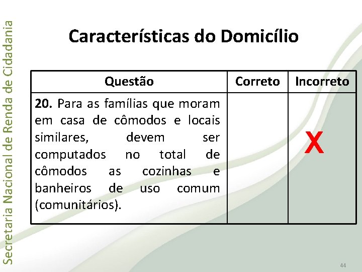 Secretaria Nacional de Renda de Cidadania Características do Domicílio Questão 20. Para as famílias