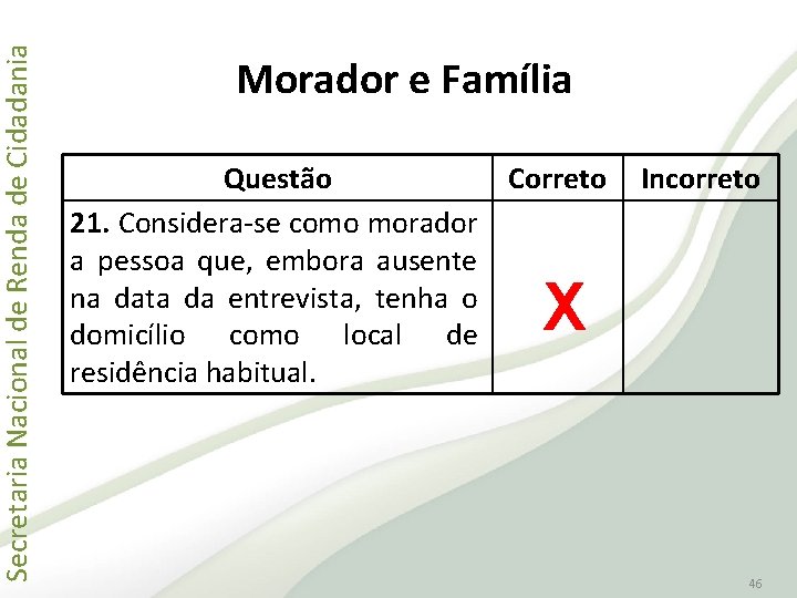 Secretaria Nacional de Renda de Cidadania Morador e Família Questão Correto 21. Considera-se como