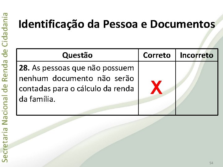 Secretaria Nacional de Renda de Cidadania Identificação da Pessoa e Documentos Questão 28. As