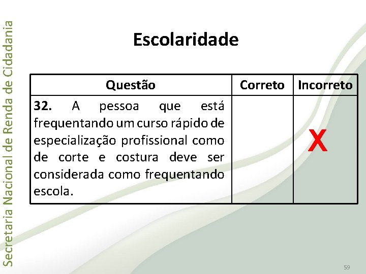 Secretaria Nacional de Renda de Cidadania Escolaridade Questão 32. A pessoa que está frequentando