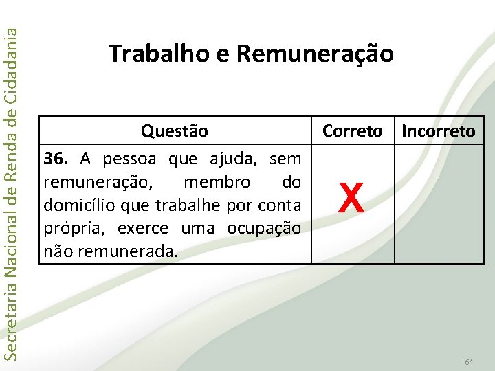 Secretaria Nacional de Renda de Cidadania Trabalho e Remuneração Questão 36. A pessoa que