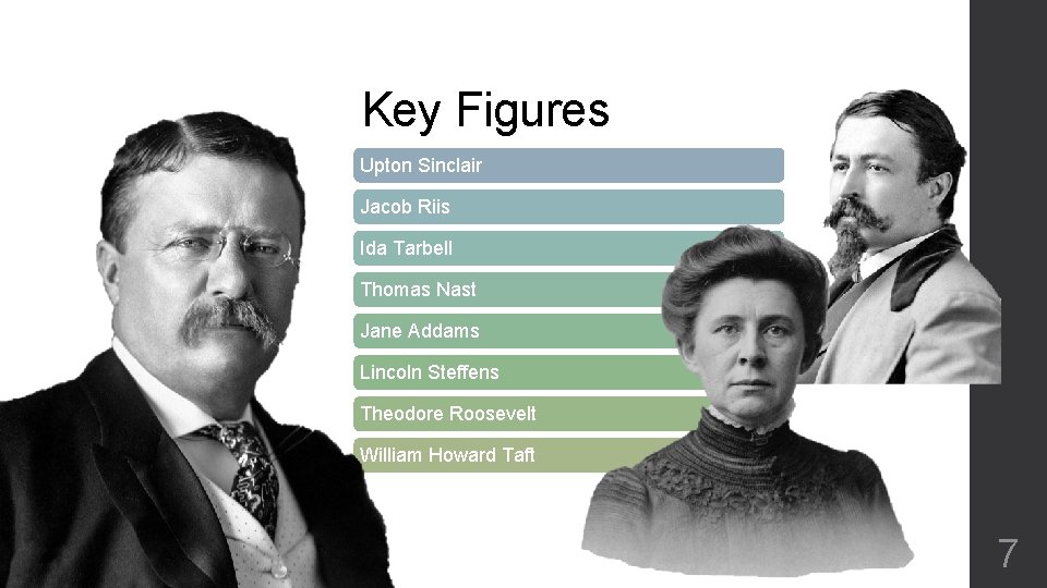 Key Figures Upton Sinclair Jacob Riis Ida Tarbell Thomas Nast Jane Addams Lincoln Steffens