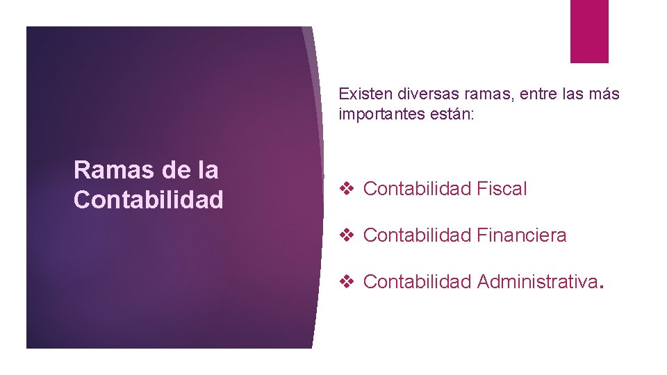 Existen diversas ramas, entre las más importantes están: Ramas de la Contabilidad v Contabilidad