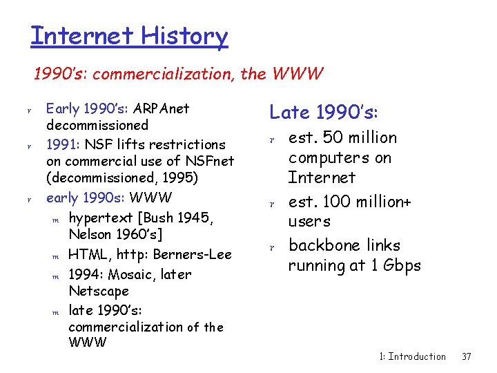 Internet History 1990’s: commercialization, the WWW r r r Early 1990’s: ARPAnet decommissioned 1991: