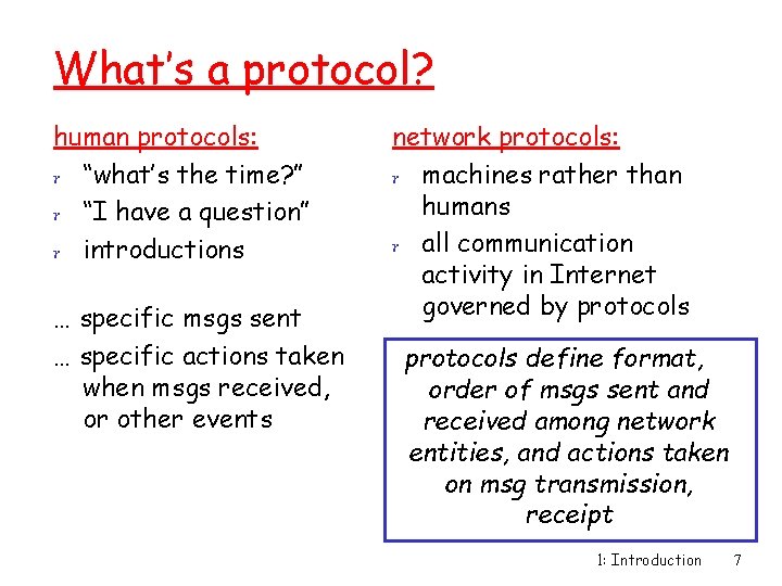 What’s a protocol? human protocols: r “what’s the time? ” r “I have a