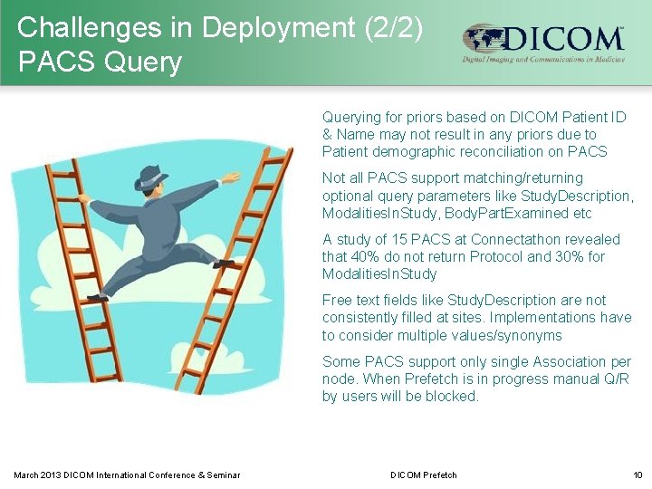 Challenges in Deployment (2/2) PACS Querying for priors based on DICOM Patient ID &