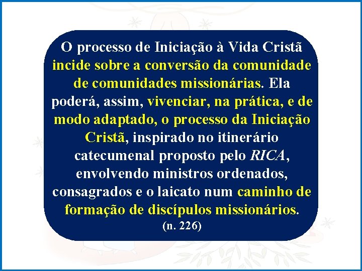 O processo de Iniciação à Vida Cristã incide sobre a conversão da comunidade de