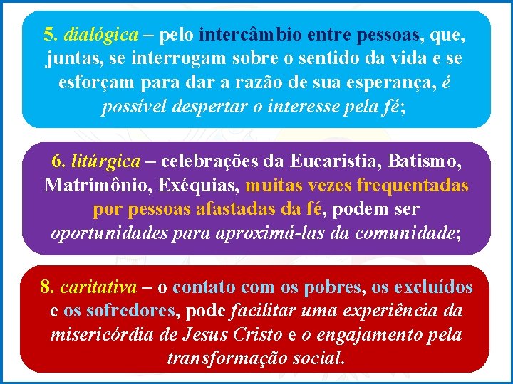 5. dialógica – pelo intercâmbio entre pessoas, que, juntas, se interrogam sobre o sentido