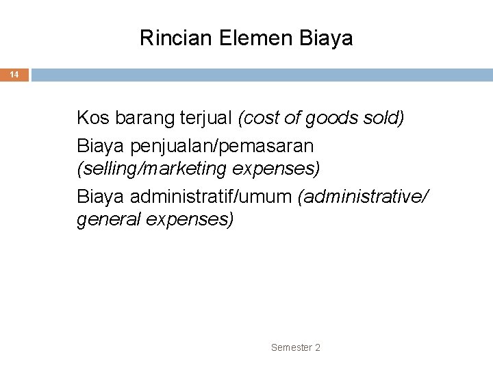 Rincian Elemen Biaya 14 • • • Kos barang terjual (cost of goods sold)