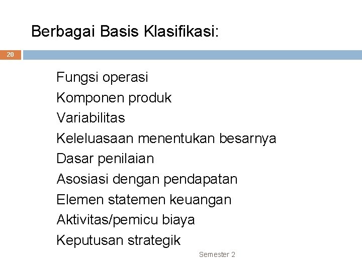 Berbagai Basis Klasifikasi: 20 • • • Fungsi operasi Komponen produk Variabilitas Keleluasaan menentukan