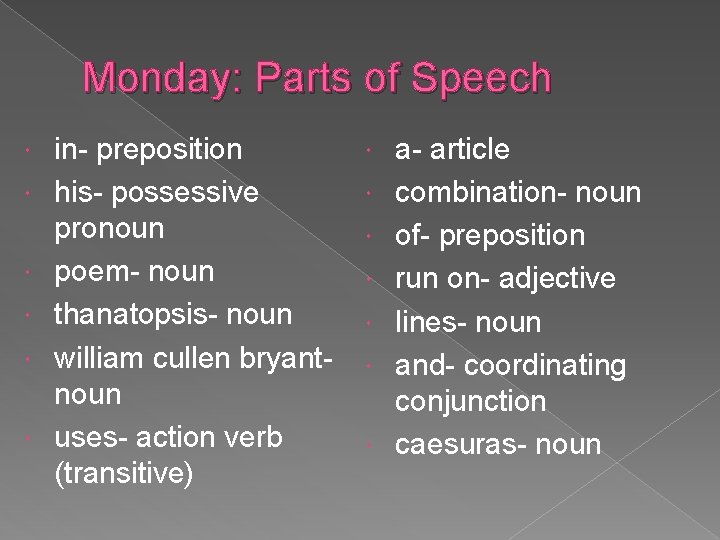 Monday: Parts of Speech in- preposition his- possessive pronoun poem- noun thanatopsis- noun william